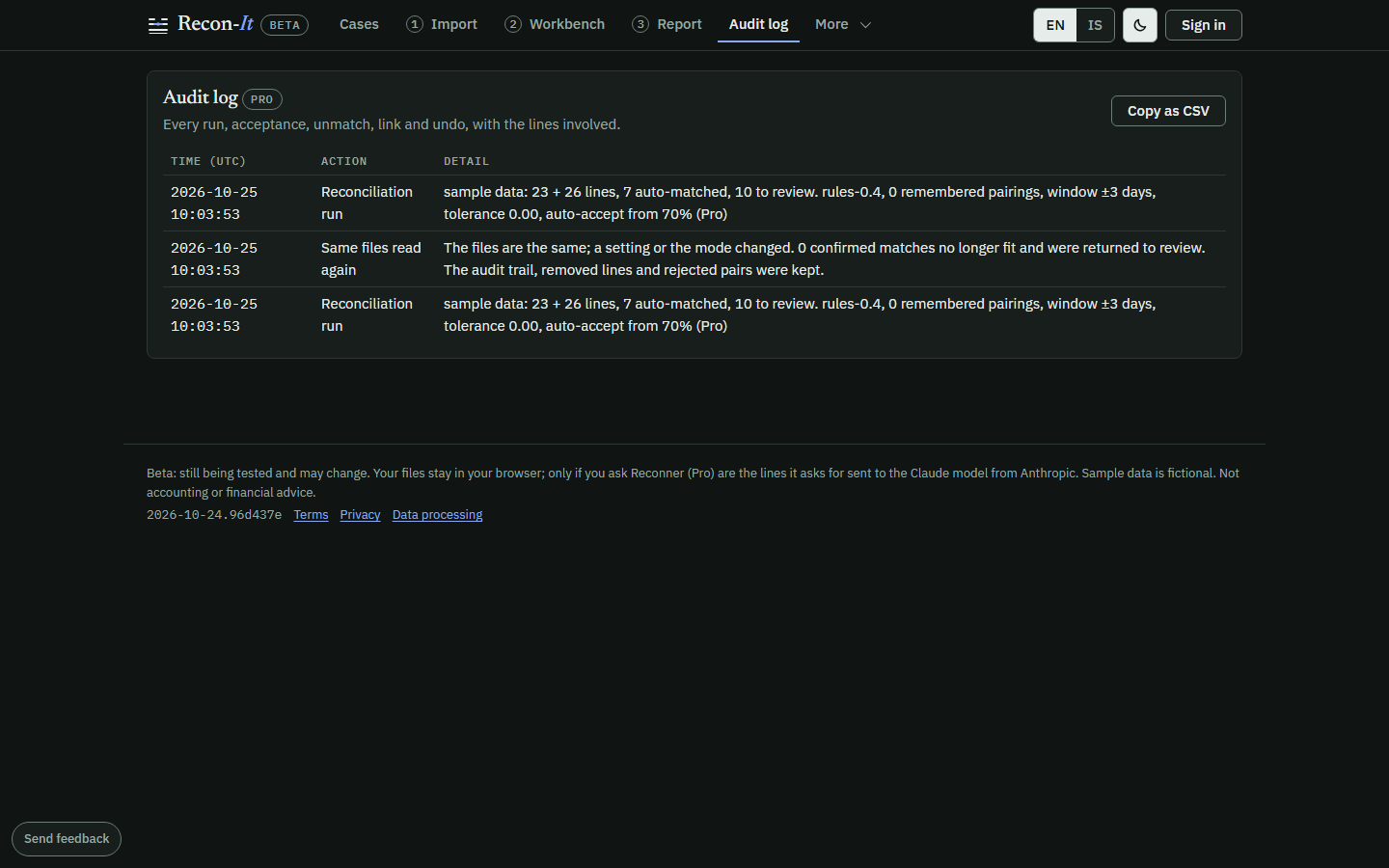 Recon-It audit log in the dark theme listing timestamped runs with the rules version, lines read and auto-accepted matches