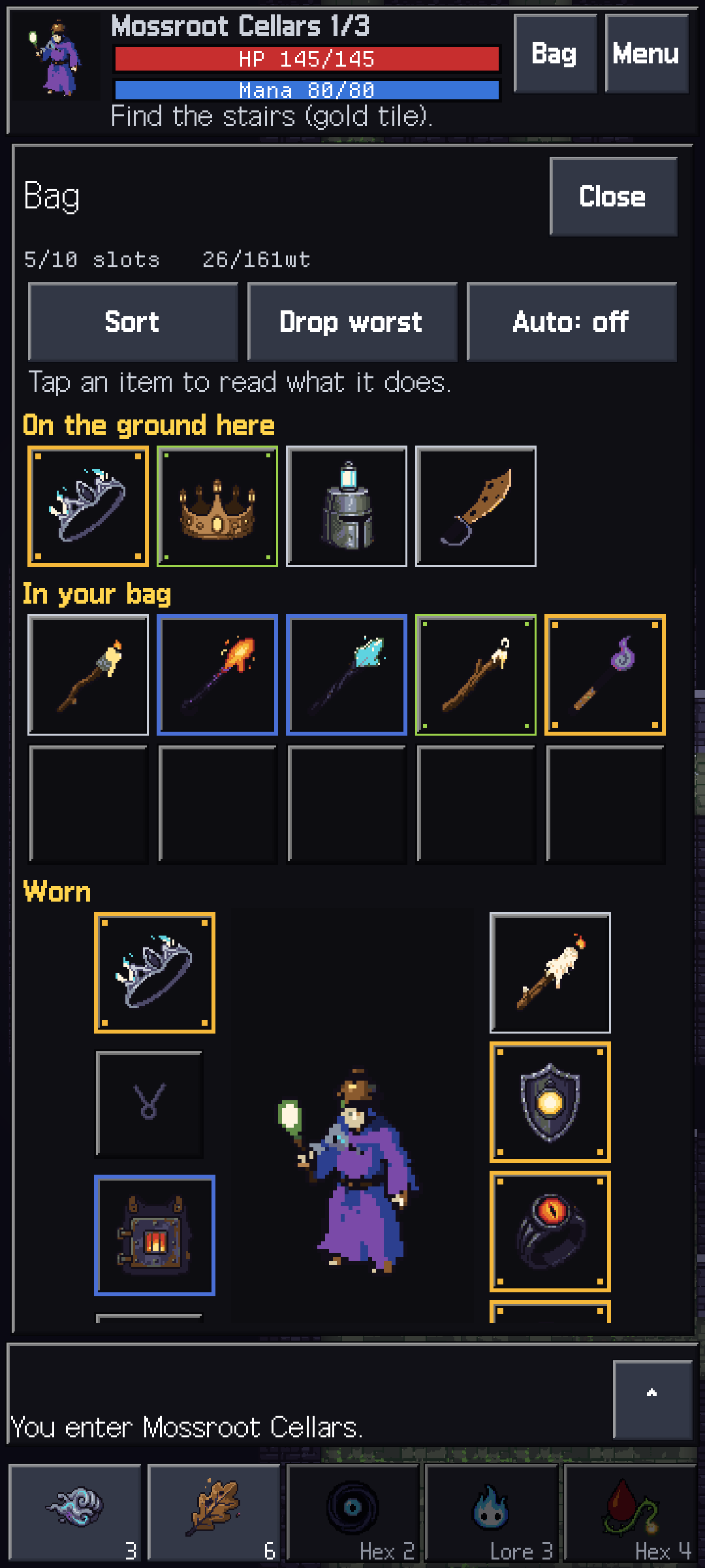 Hollowdeep bag screen for a mage showing items on the ground, items in the bag, a worn-equipment paper doll, and Sort, Drop worst and Auto buttons