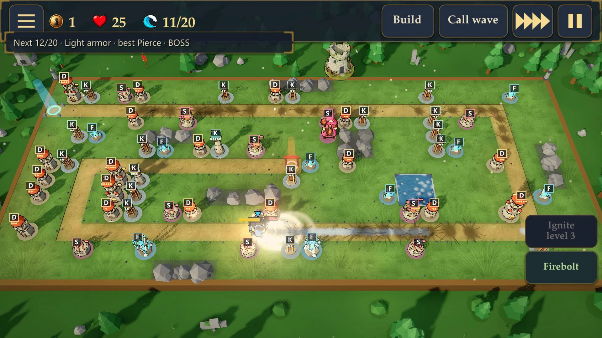 Make Tower, Win War boss wave on the grass map: dozens of towers and an incoming boss with a hero spell firing, and the Ignite and Firebolt spell buttons at the right edge
