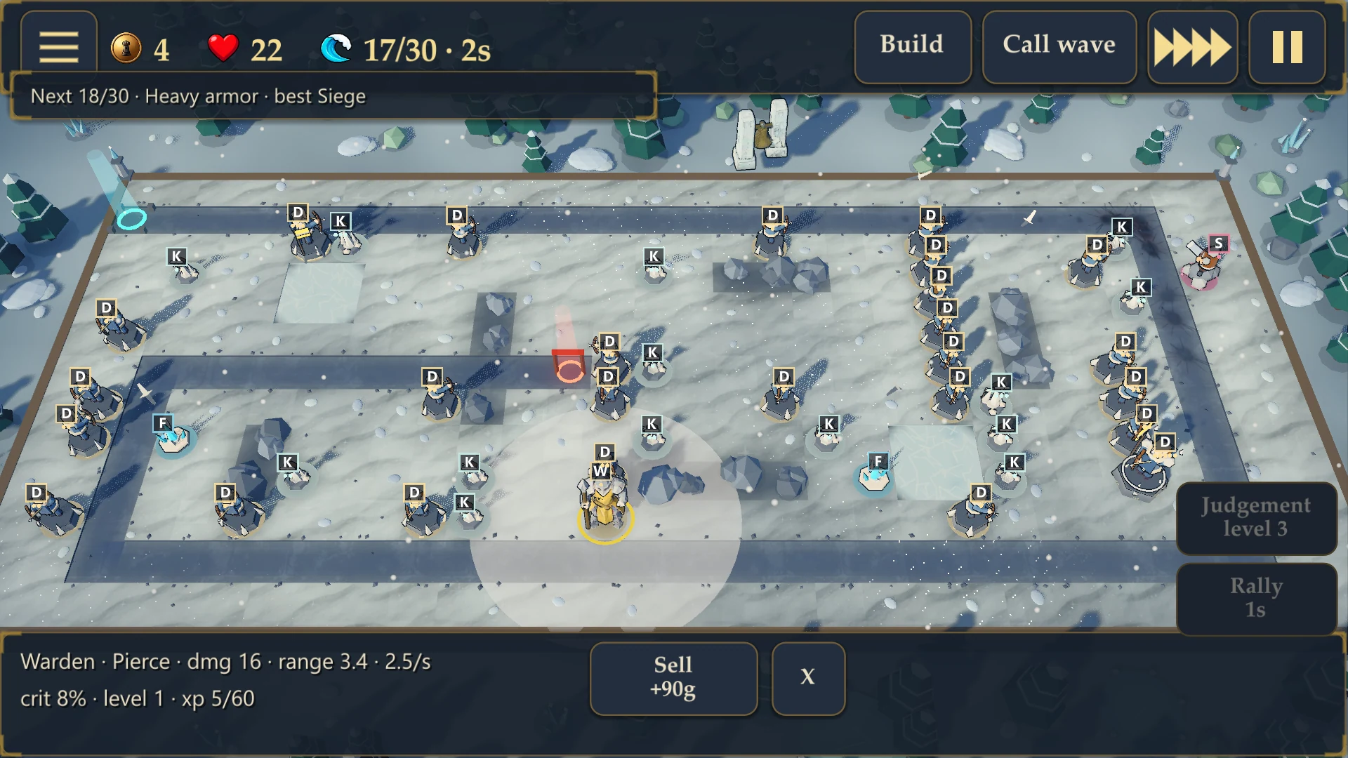 Make Tower, Win War on the snowy Citadel map, a hero unit selected with its damage, range and experience readout, and Judgement and Rally ability buttons
