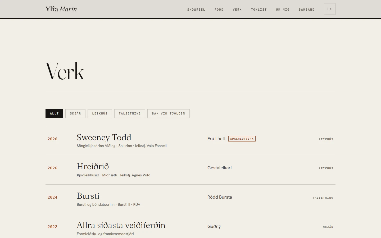 Credits section of ylfamarin.is with filter buttons and featured roles by year, with a lead-role badge on the top entry