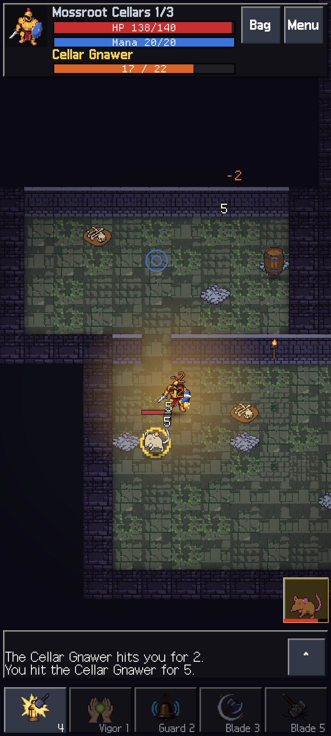 Hollowdeep in portrait mid-fight, a warrior attacking a Cellar Gnawer rat, with a combat log along the bottom and the enemy health bar under the player bars