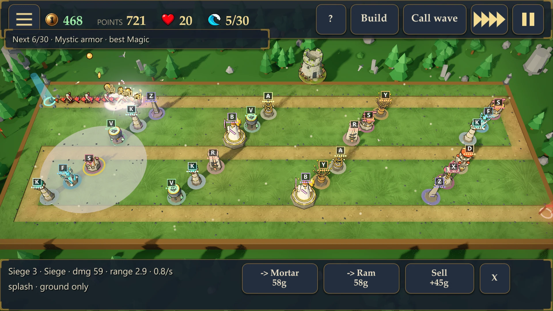 Gameplay on a grassy map with towers along a two-lane path and the upgrade panel open