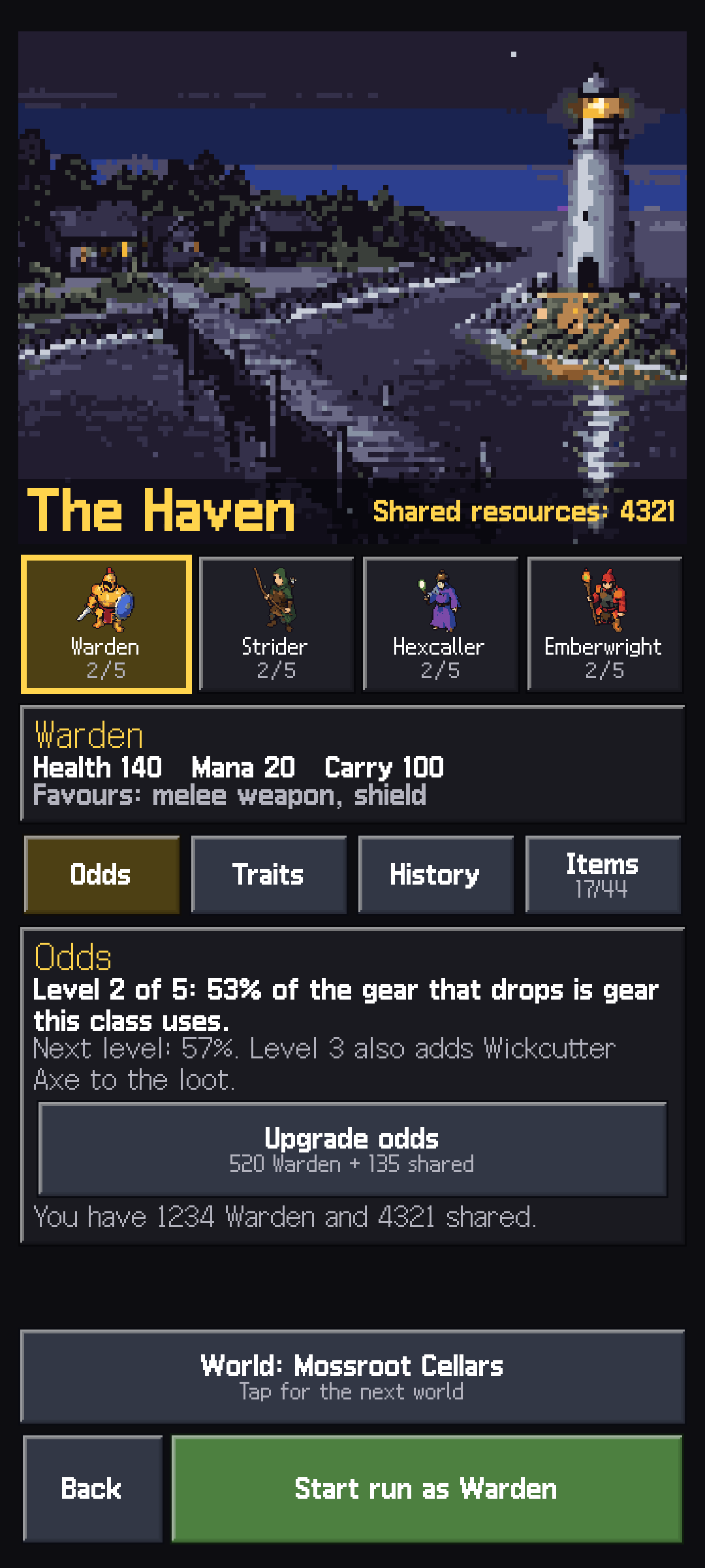 Hollowdeep Haven hub for the Warden class with health, mana and carry stats and a drop-odds panel with an upgrade-odds button
