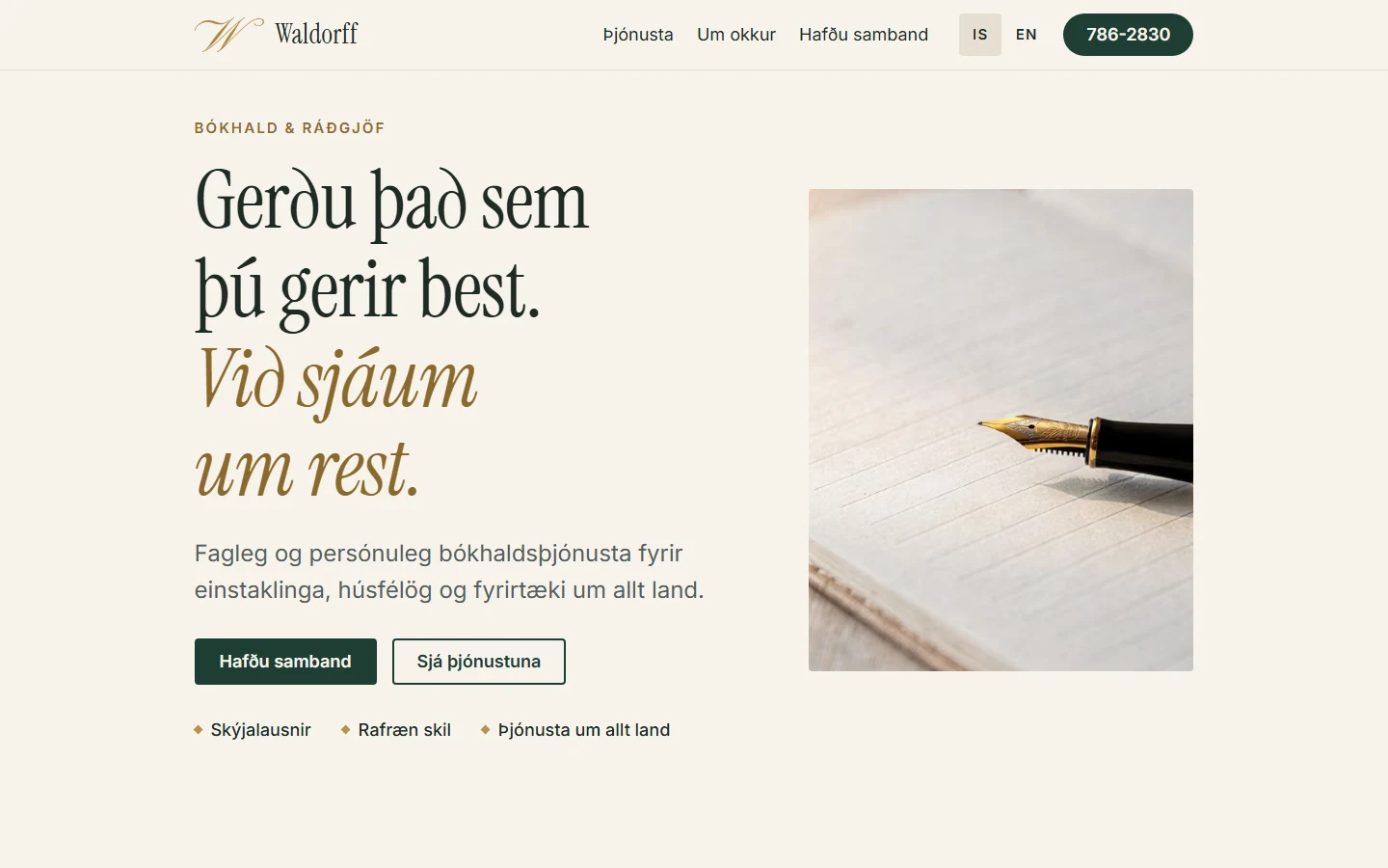 Waldorff home page in Icelandic on a cream background, with a dark serif headline and a gold italic second line, a lead paragraph, a contact button, a services button, three short feature points and a photograph of a fountain pen resting on an open ledger