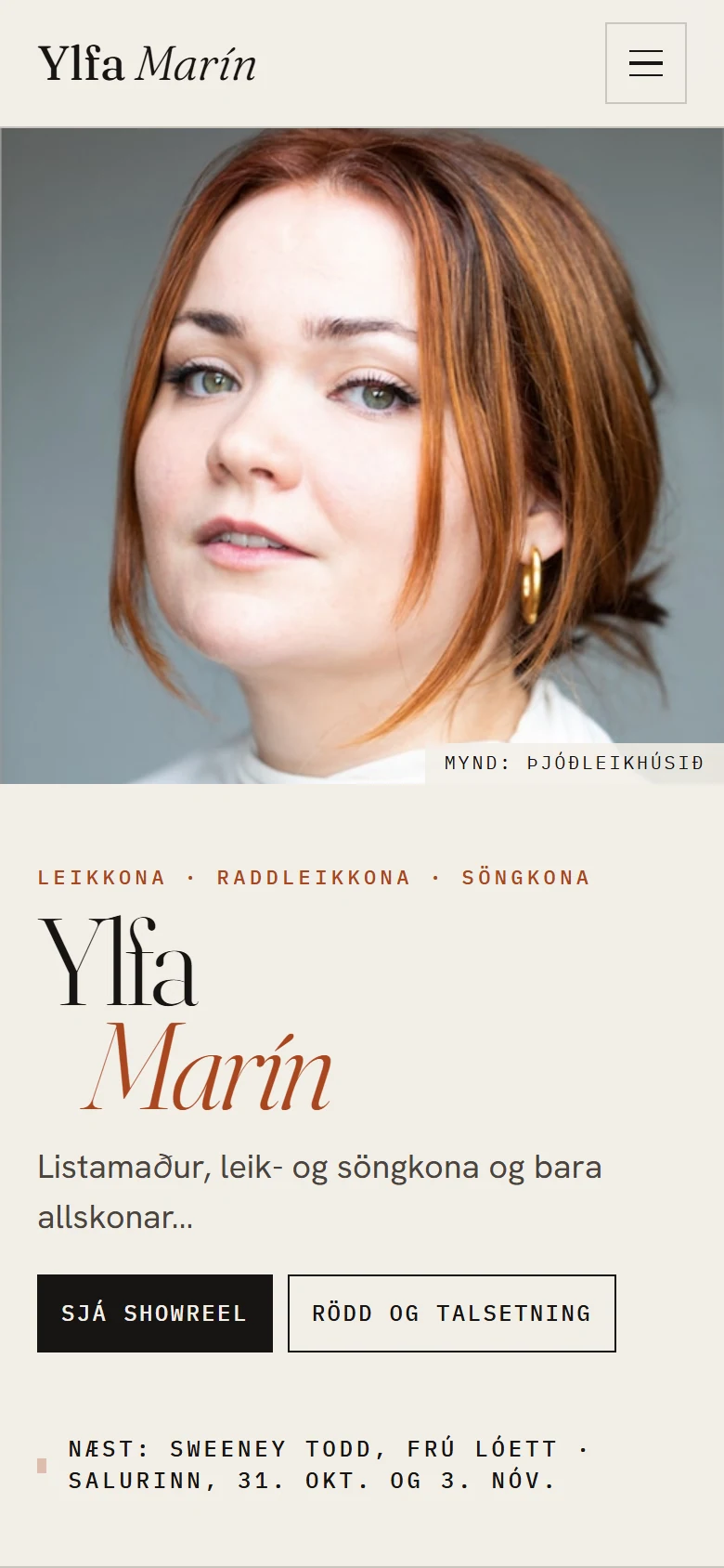 ylfamarin.is on a phone with a compact header, the portrait, the name and two buttons, all above the fold