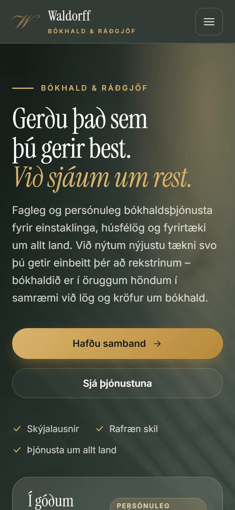 Home page on a phone in Icelandic with a stacked headline, a gold contact button and a secondary services button