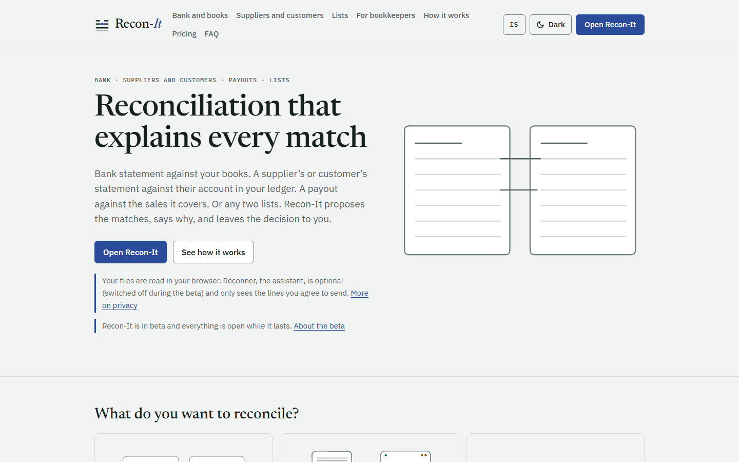 Recon-It marketing home page with the headline Reconciliation that explains every match and a bank and ledger illustration
