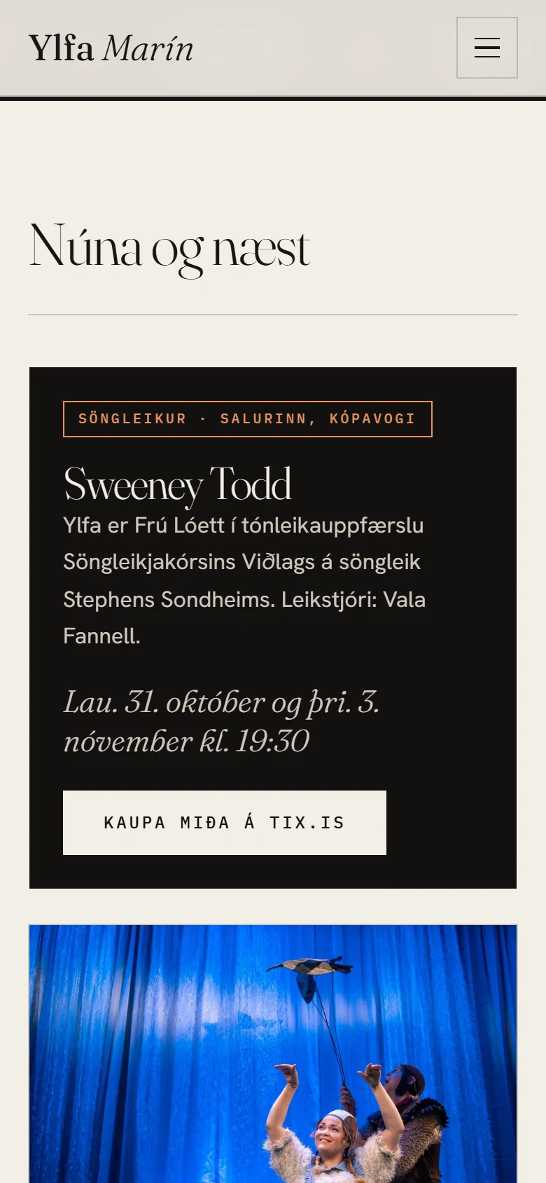 The now and next section on a phone with a dark Sweeney Todd card and a full-width ticket button