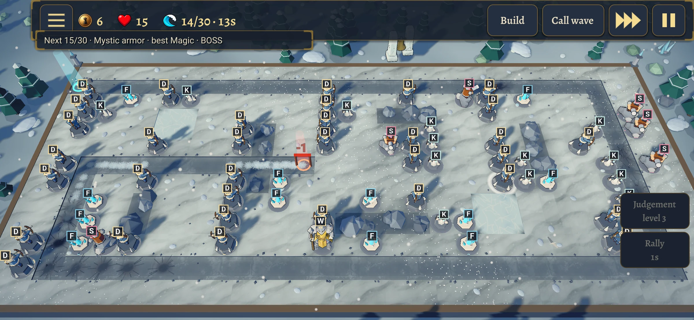 Make Tower, Win War running on an Android phone in landscape, a late wave on the snowy Citadel map with many towers placed and touch controls for Build, Call wave, fast-forward and pause