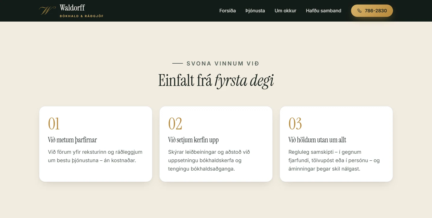 Home page section in Icelandic with three numbered step cards covering needs review, system setup and ongoing follow-up
