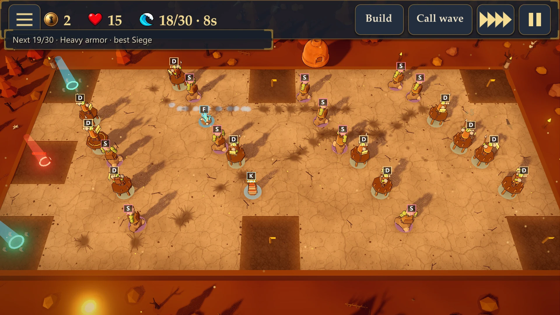 Make Tower, Win War on the orange Redrock desert map, towers spread across a cracked-earth arena with the wave timer counting down in the top bar