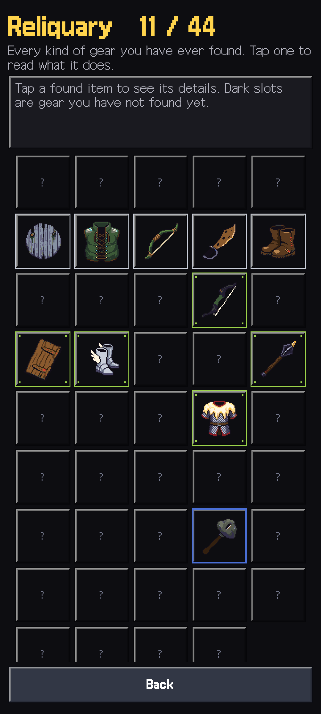 Hollowdeep Reliquary collection screen, 11 of 44 gear types found, with unknown items shown as question-mark slots