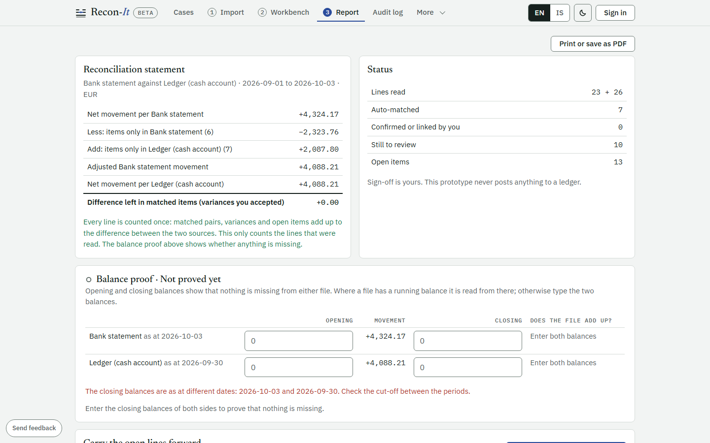 Recon-It reconciliation statement with items only on one side, a zero difference and a balance proof section
