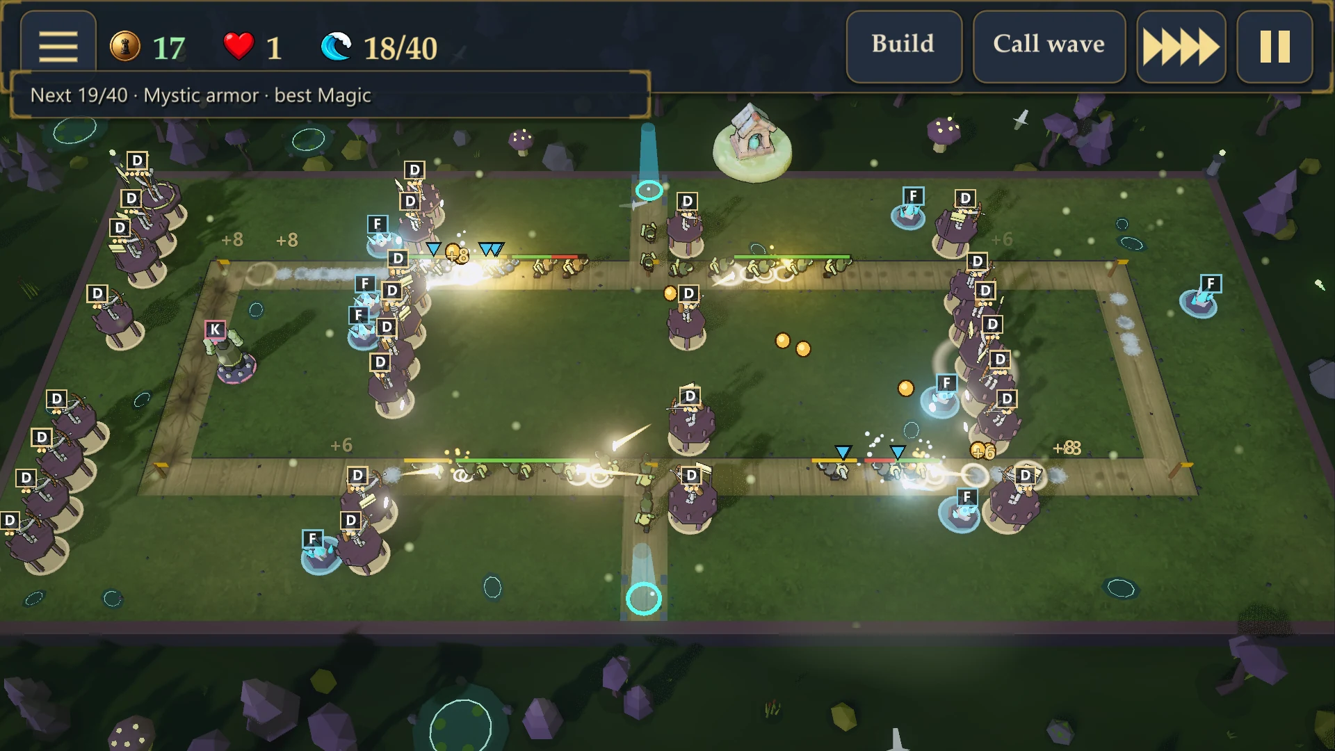 Make Tower, Win War at night on the Ringway map, glowing tower projectiles and particle effects around a ring-shaped enemy path