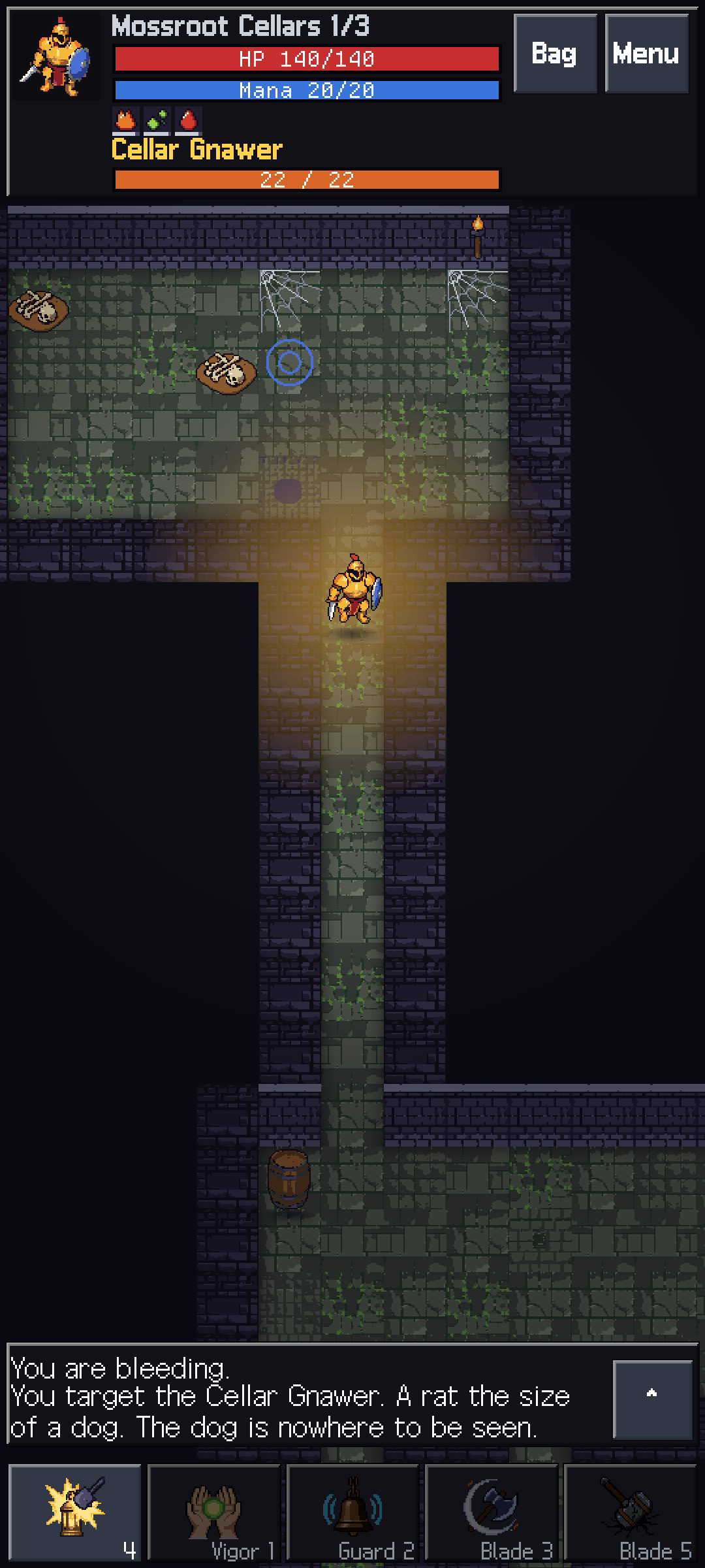 Hollowdeep run screen with a bleeding status effect, the combat log explaining the Cellar Gnawer bite while the warrior walks a torch-lit corridor