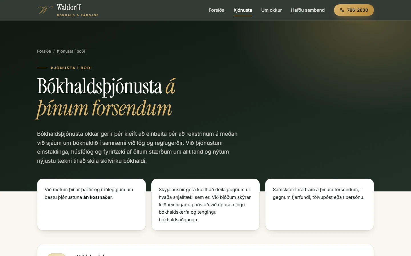 Services page in Icelandic with a bookkeeping services heading and three white cards describing how the firm works