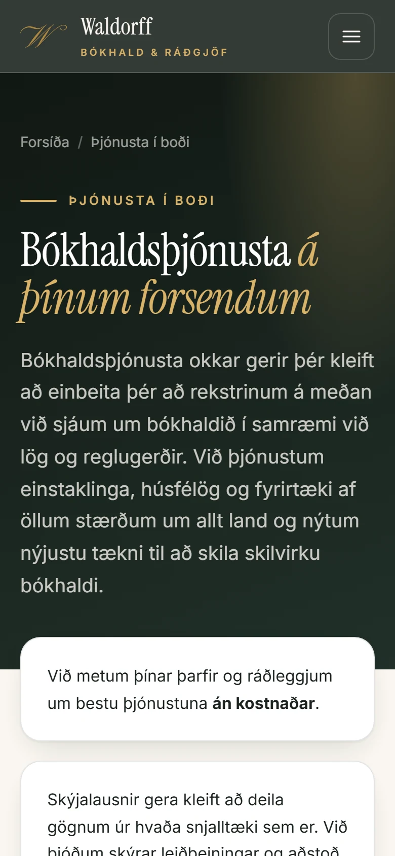 Services page on a phone in Icelandic with a breadcrumb, the bookkeeping services heading and an intro card