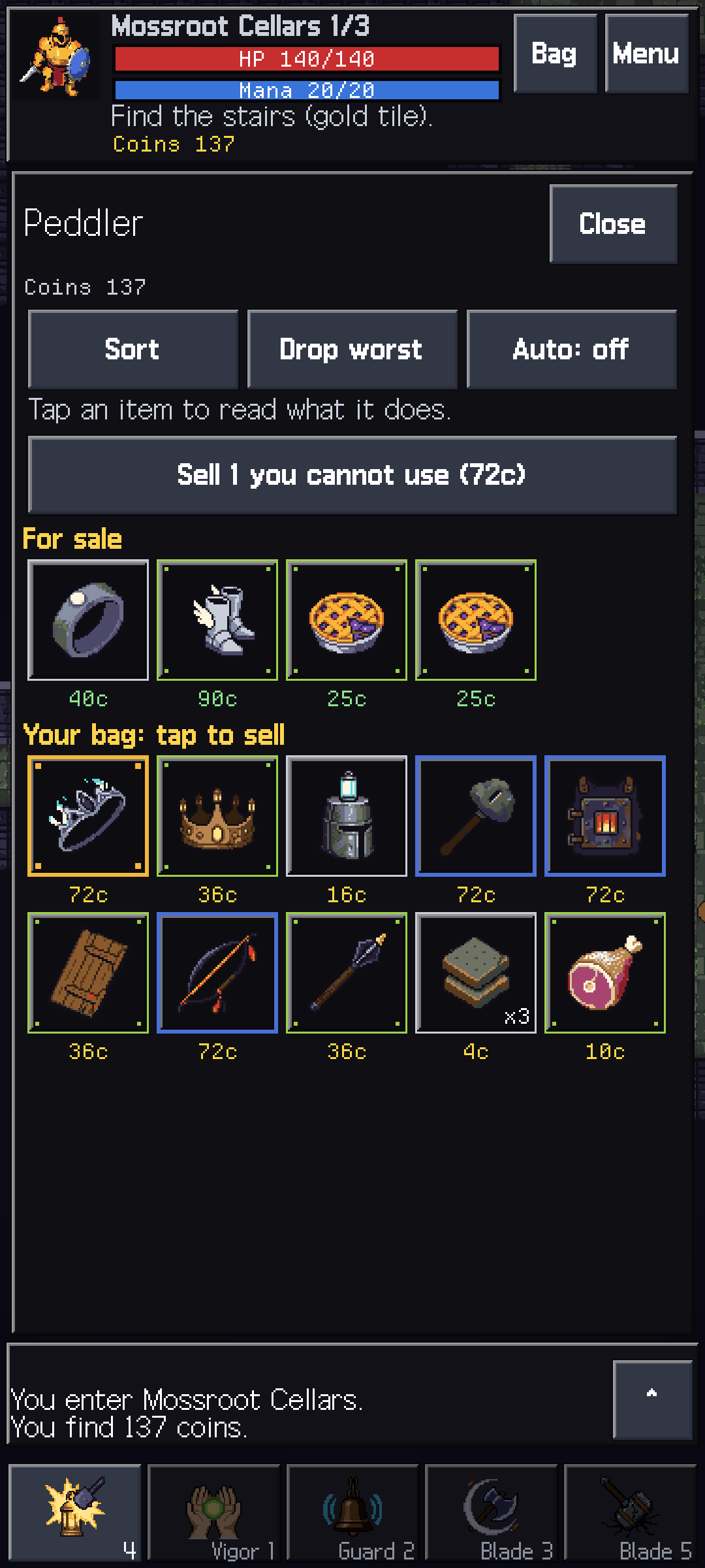 Hollowdeep peddler shop listing items for sale with coin prices, and the player's bag below with a sell price for each item