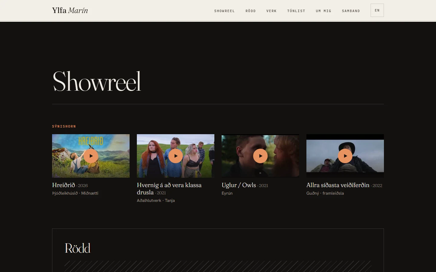 Showreel section of ylfamarin.is on a dark background with four trailer thumbnails for stage and film roles, each with title, year and role