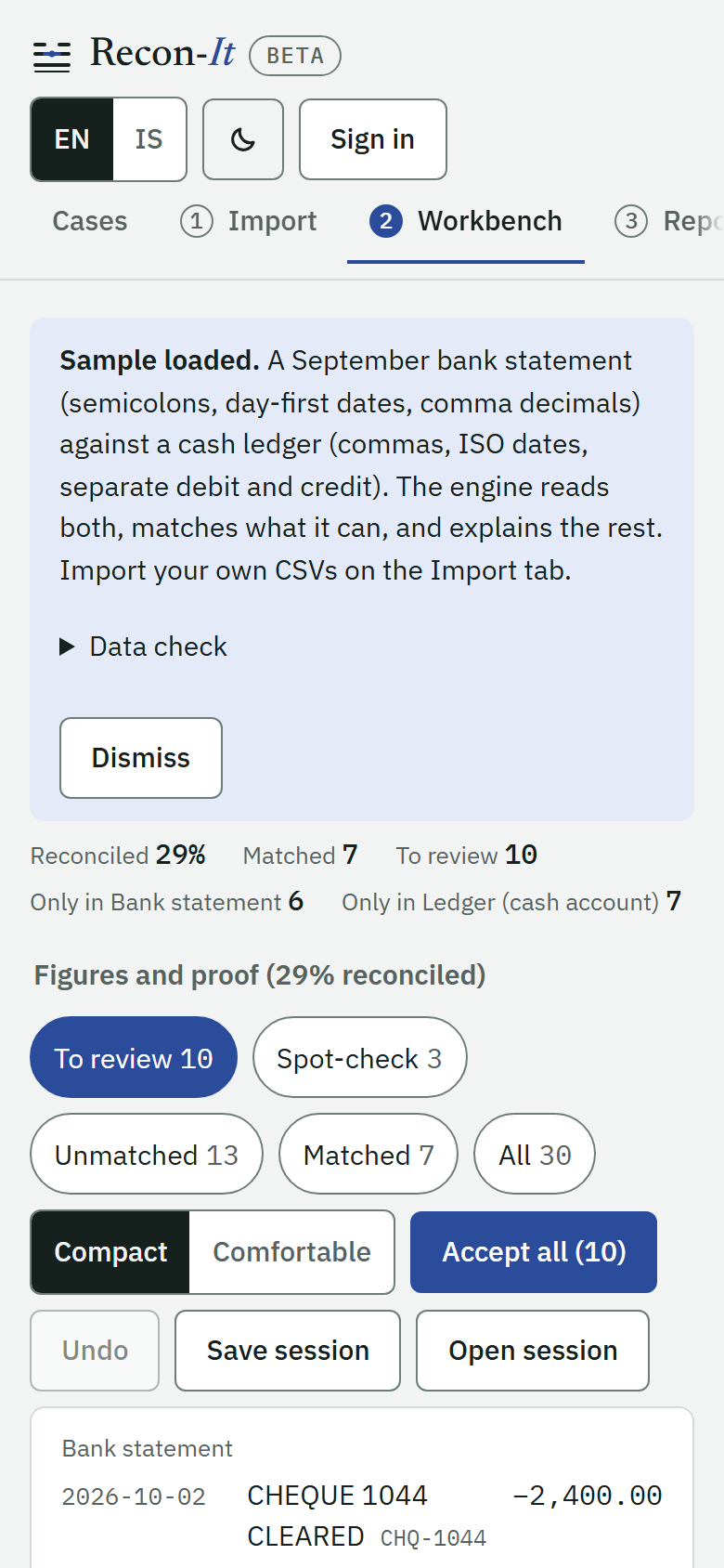 Recon-It workbench on a phone showing the reconciliation figures, filter chips and the first bank statement line