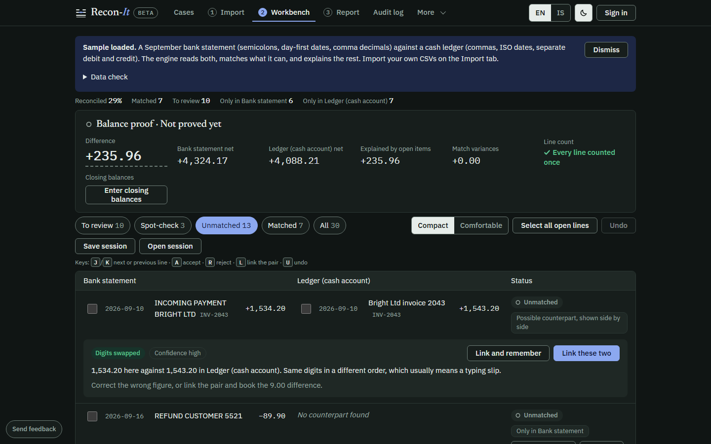 Recon-It unmatched lines in the dark theme, a bank line and a ledger line with swapped digits explained as a likely typing slip